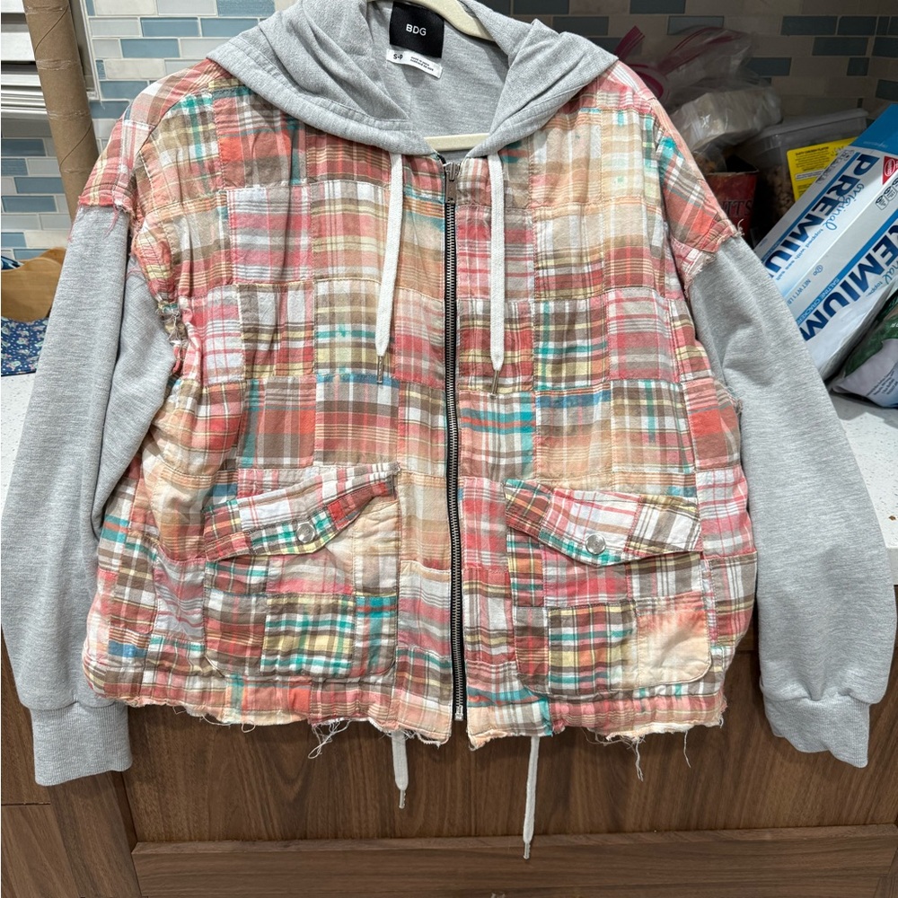 URBAN OUTFITTERS BDG Casio Plaid Patchwork Layered Hooded Jacket